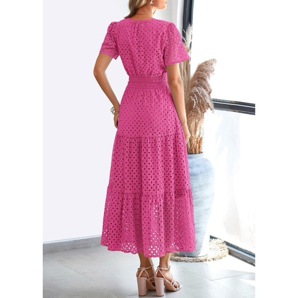 PRETTYGARDEN Women's Summer Maxi Dress Short Sleeve V Neck Eyelet Dress Size XL - Picture 3 of 9